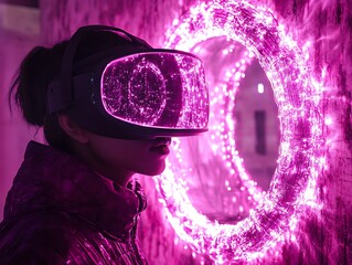 Immersive Virtual Reality Experience with Glowing Light Portal and VR Headset