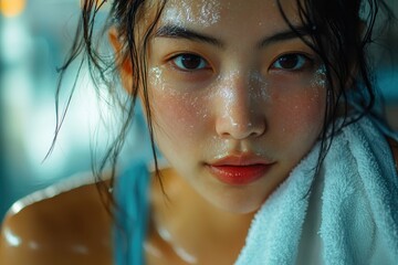 Young woman finished workout at gym, towel around neck, natural light highlights her focused expression, capturing a moment of dedication and resilience during training