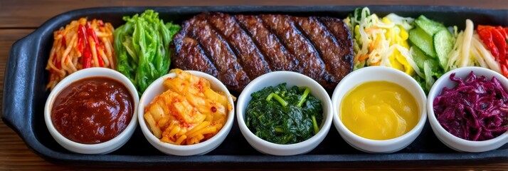 A colorful Korean barbecue platter featuring perfectly grilled sliced beef accompanied by vibrant kimchi, fresh greens, tasty pickled vegetables and rich sauces presenting a delightful culinary