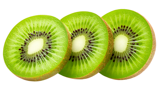 Sliced kiwi with vivid green texture and seeds, for print or packaging