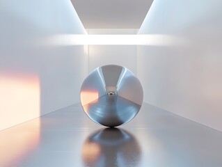 A futuristic chrome sphere sits poised in a stark white corridor under bright lighting