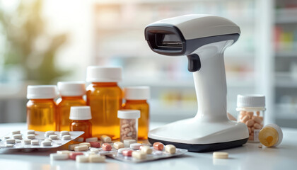 Pharmacy scene barcode scanner near medication bottles, pills. Healthcare and medication management concept. Pharmaceutical industry medical treatment drugs.