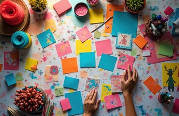 Overhead view of artist workspace covered colorful paper crafts. Notes, supplies, creative process of design concept, artistic work. Hand holding craftwork. Mixed media art, handmade projects.