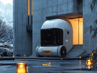 Futuristic Vehicle Docked at a Minimalist Residence in Snowy Landscape