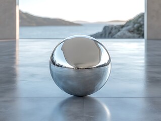 Sleek chrome sphere reflects coastal landscape in minimalist architectural space