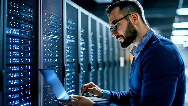 Focused IT Professional Working on Laptop in Data Center Surrounded by Server Racks and Blue Lighting