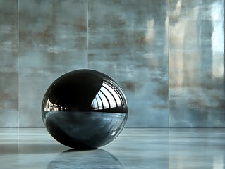 Reflective orb standing prominently before a textured, metallic-toned panelled wall