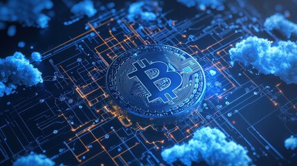 Cloud-based cryptocurrency platform utilizing AI to monitor market trends, with real-time digital currencies and blockchain data visualized on a high-tech interface