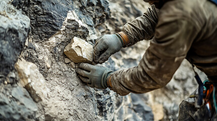 Rock Climber Securing a Hold on a Rocky Surface