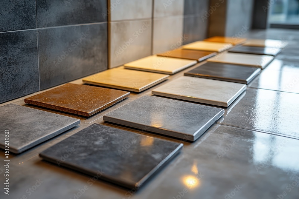 Poster Variety of building materials arranged on a flat surface showcasing textures and colors in a design studio setting during the daytime