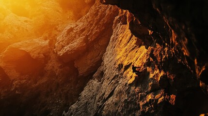 Sunlit cave rock face close-up
