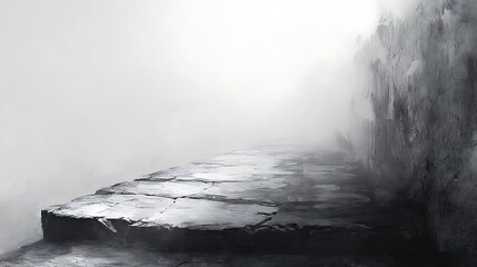 Mysterious stone path shrouded in ethereal fog, leading to the unknown destination