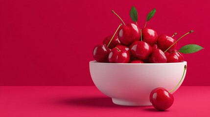 White ceramic bowl filled with fresh red cherries on bold pink background, vibrant fruit composition for summer food or healthy snack concept