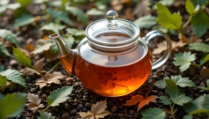 Tea theme, teapot filled with tea amidst leaves