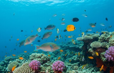 Fototapeta premium Tropical fish exploring coral reefs in the ocean depths, illustrating the vital role of marine life in World Oceans Day awareness.