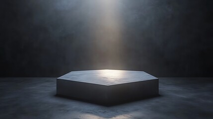 Minimalist concrete platform with spotlight in a smoky, atmospheric setting