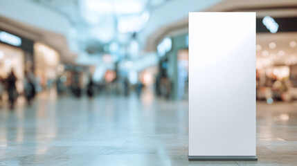 Vertical blank advertising stand mockup in modern shopping mall, clean white display with blurred background for indoor branding or promotional design template