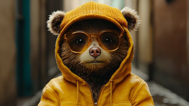 Cool bear in yellow hoodie and sunglasses.