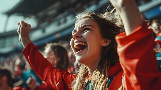 Joyful female fan cheering at a sporting event.