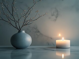 Serene still life featuring floral arrangement and soft candle glow ambiance