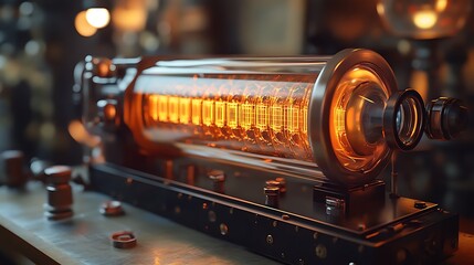 Steampunk inspired science contraption emitting vibrant orange light inside a cylinder