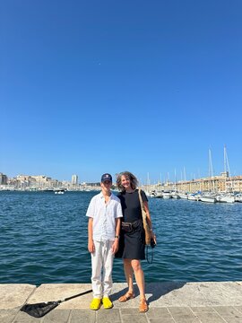 Mother and son in  the port of Marseille France 