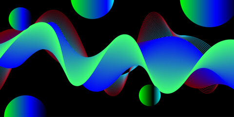 Abstract sound rhythm wave vector illustration. Blue and red flowing twisted waveforms isolated on black background, Abstract wavy background with modern gradient colors. Vector illustration design.