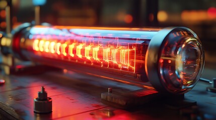 Illuminated Future: Glowing Vacuum Tube Displaying Intricate Circuit Design
