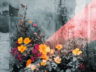 Urban floral arrangement on weathered wall under abstract light infusion