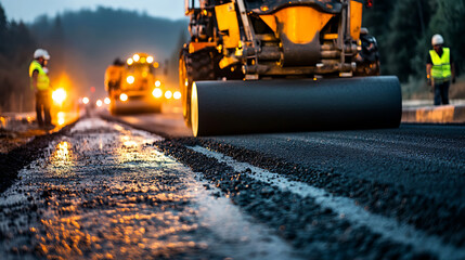 Nighttime Road Construction with Heavy Machinery and Workers