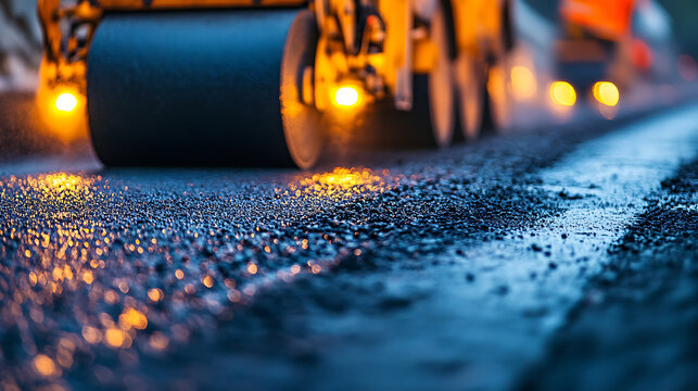 Road Roller Compacting Fresh Asphalt at Night