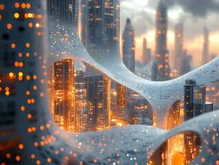 Futuristic metropolis with illuminated skyscrapers and an ethereal structure