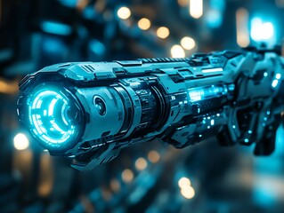 Futuristic energy weapon with intricate metallic design and bright luminous accents