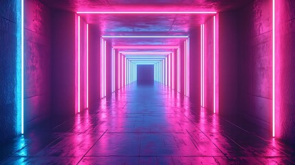 Neon-lit passageway with vibrant pink and blue hues, creating an immersive and futuristic atmosphere