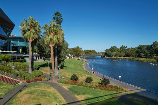 Beautiful riverside park with walking paths in Adelaide city centre