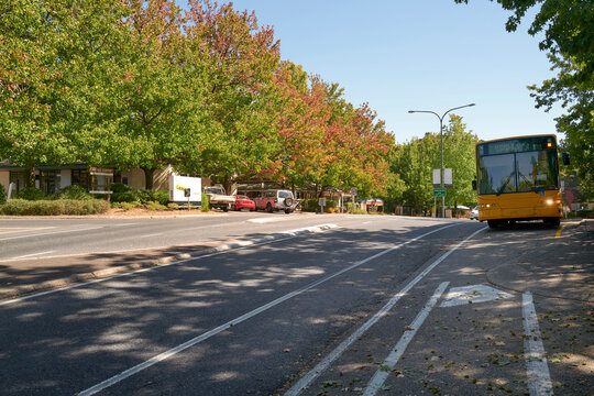 Streetscape of Adelaide Hills town of Stirling on a sunny autumn day