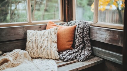 Bench seating with terracotta pillows and cozy throws beneath a wooden framed window
