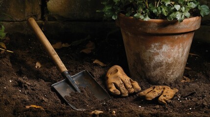 Fototapeta premium Gardening tools and soil