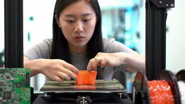 Young woman carefully removes a finished orange object from a 3d printer