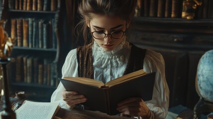 A young woman engrossed in reading a book in a historic library.