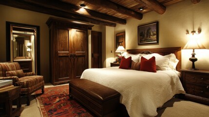 Compact cozy bedroom with warm wood furniture and soft beige linens