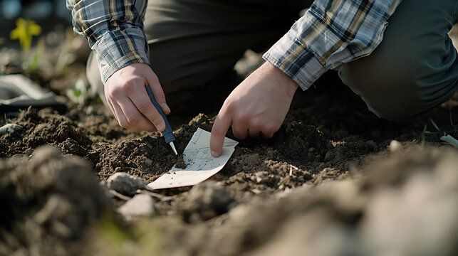 Person examining soil with a pen and paper, likely for agricultural or environmental study