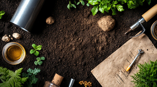 Gardening Setup with Soil, Tools, and Plants - Powered by Adobe