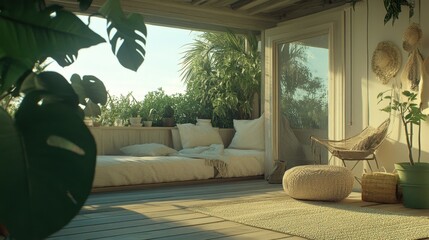 Cozy multipurpose nook with neutral furniture and green potted Monstera