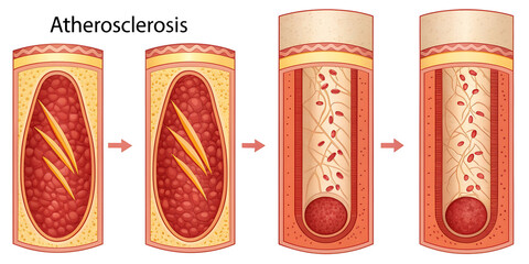 stages of atherosclerosis. Atherosclerosis formation Healthy artery and unhealthy arteries.
