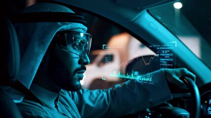 Man in traditional attire using a smartphone while analyzing digital stock market data in a car - Powered by Adobe