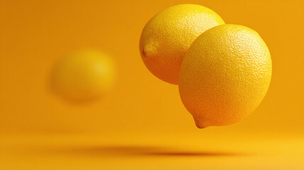 Two floating yellow lemons on solid yellow background, minimal citrus fruit composition for summer freshness or creative food layout