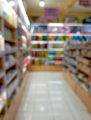 blurred, abstract view of a retail aisle, with shelves filled with colorful products on both sides, creating a sense of depth and bright, diffused lighting.