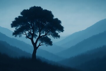 Serene Silhouette A Solitary Tree Against a Misty Mountain Landscape at Twilight