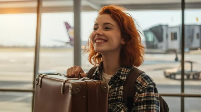 Happy woman traveler with suitcase at airport travel concept 4k video